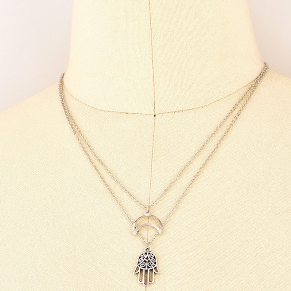 Hamsa & Crescent Moon Pendant Necklace - Picture 2 of 3